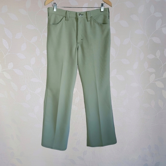 Vintage 70s High Rise Waffle Knit Flared Leg Comfy Trousers Lee Sage Green - Picture 2 of 16